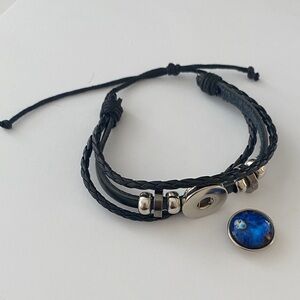 Snap Black Leather Bracelet with Blue Accent 1 snap included